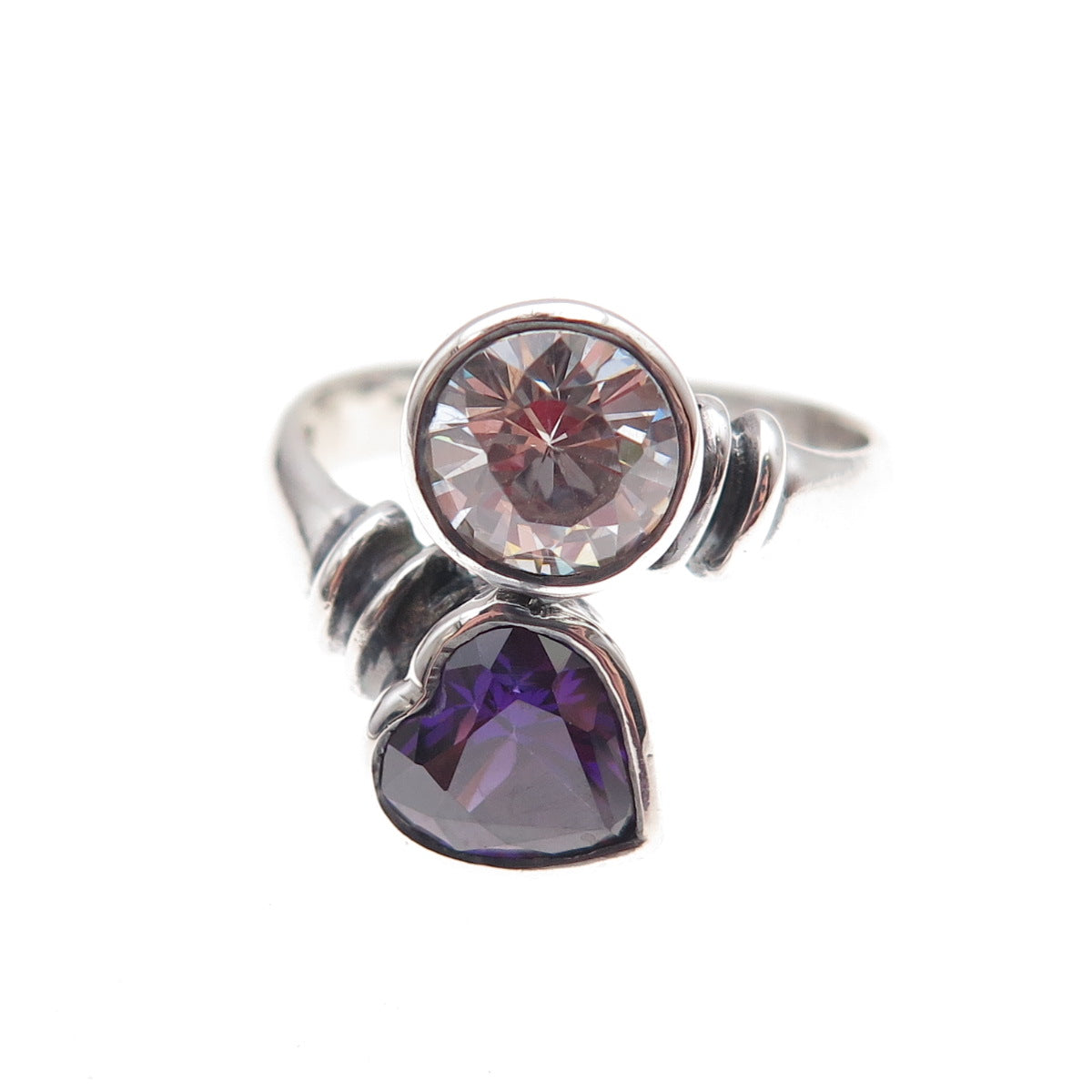 Charles Winston Sterling Silver Vintage Purple & White C Z Heart Ring Size 7.5