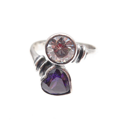 Charles Winston Sterling Silver Vintage Purple & White C Z Heart Ring Size 7.5