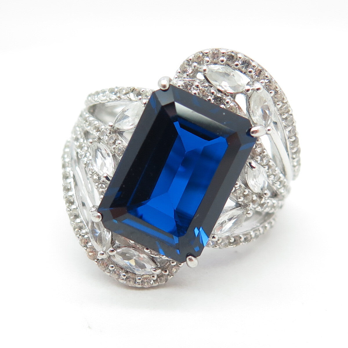 925 Sterling Silver Emerald-Cut Blue & White C Z Bypass Ring Size 7