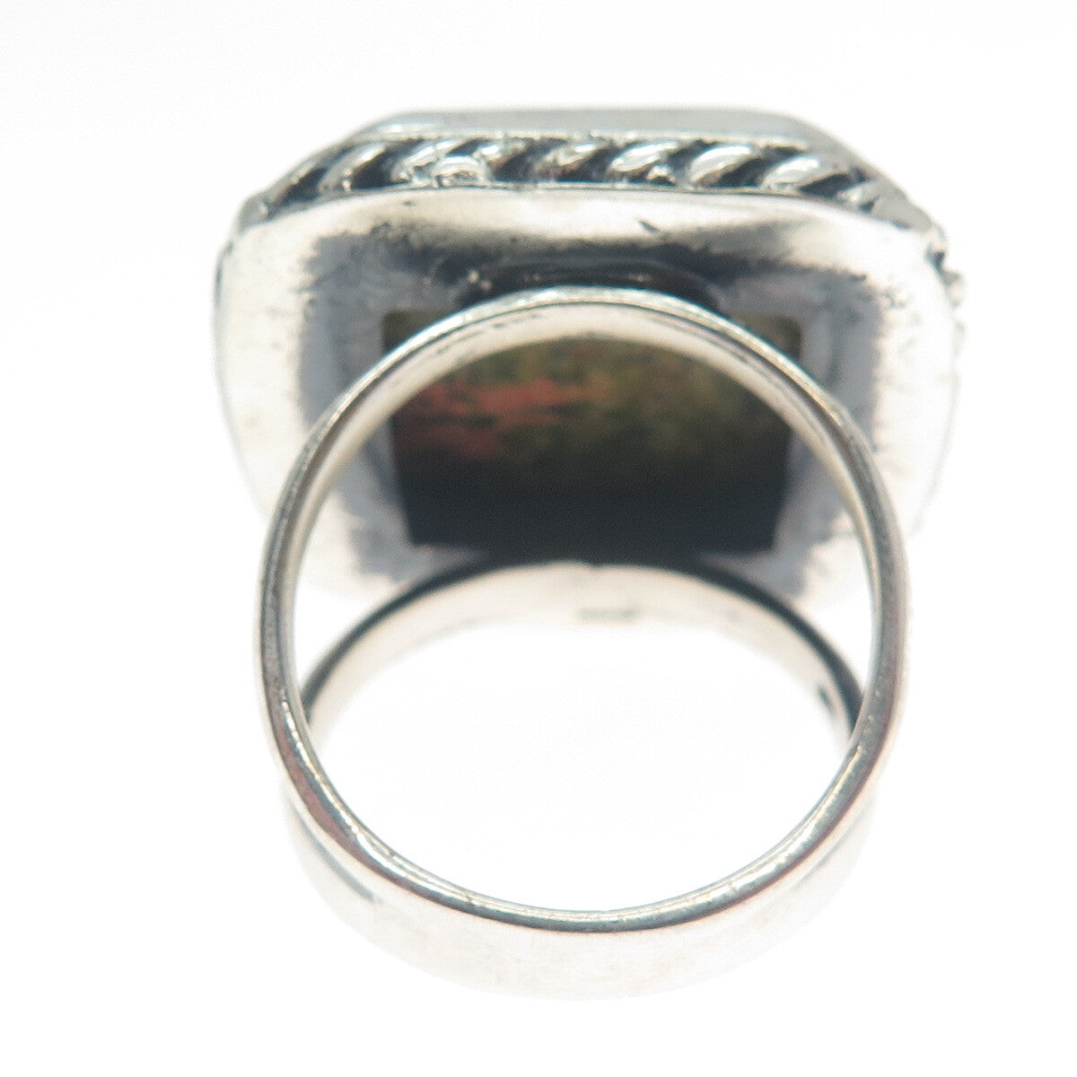 925 Sterling Silver Vintage Real Cushion-Cut Unakite Twisted Bezel Ring Size 8