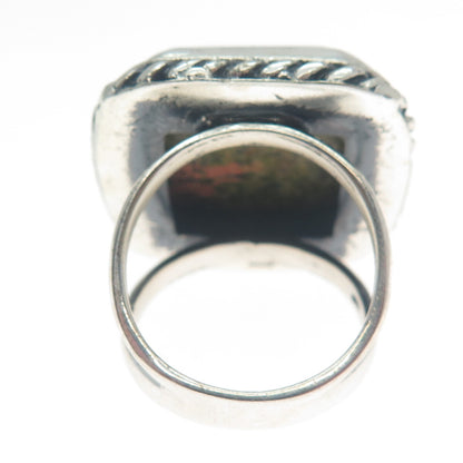 925 Sterling Silver Vintage Real Cushion-Cut Unakite Twisted Bezel Ring Size 8