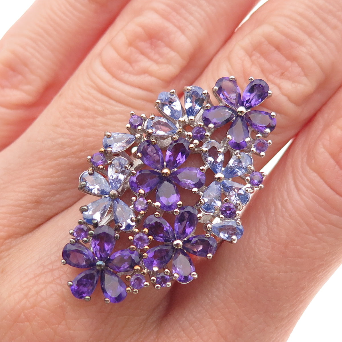 925 Sterling Silver Real Amethyst & Tanzanite Floral Cluster Ring Size 8