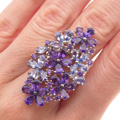 925 Sterling Silver Real Amethyst & Tanzanite Floral Cluster Ring Size 8