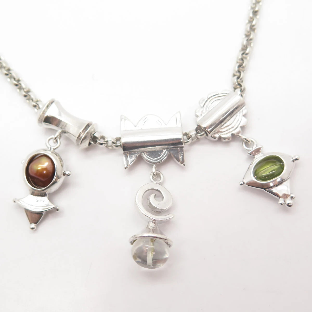 925 Sterling Silver Vintage Pearl & Quartz Peridot Gem Rolo Chain Necklace 18"