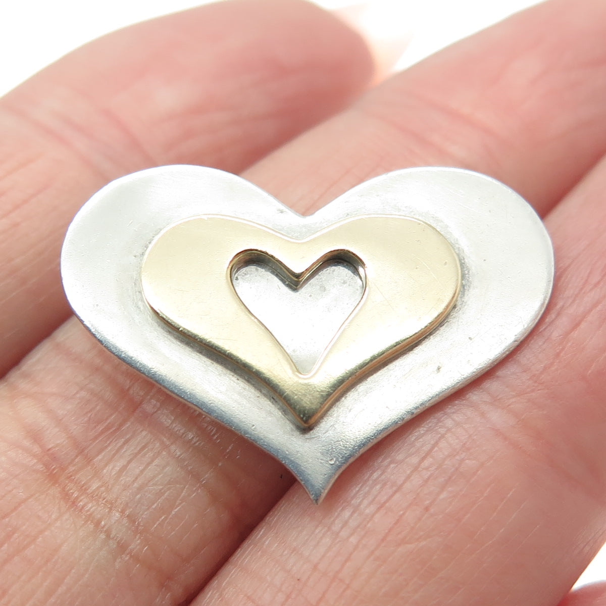 14K Yellow Gold 925 Sterling Silver Vintage Modernist Heart Centerpiece Pendant