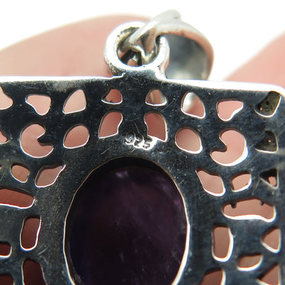 925 Sterling Silver Vintage Real Amethyst Gemstone Cutout Square Pendant