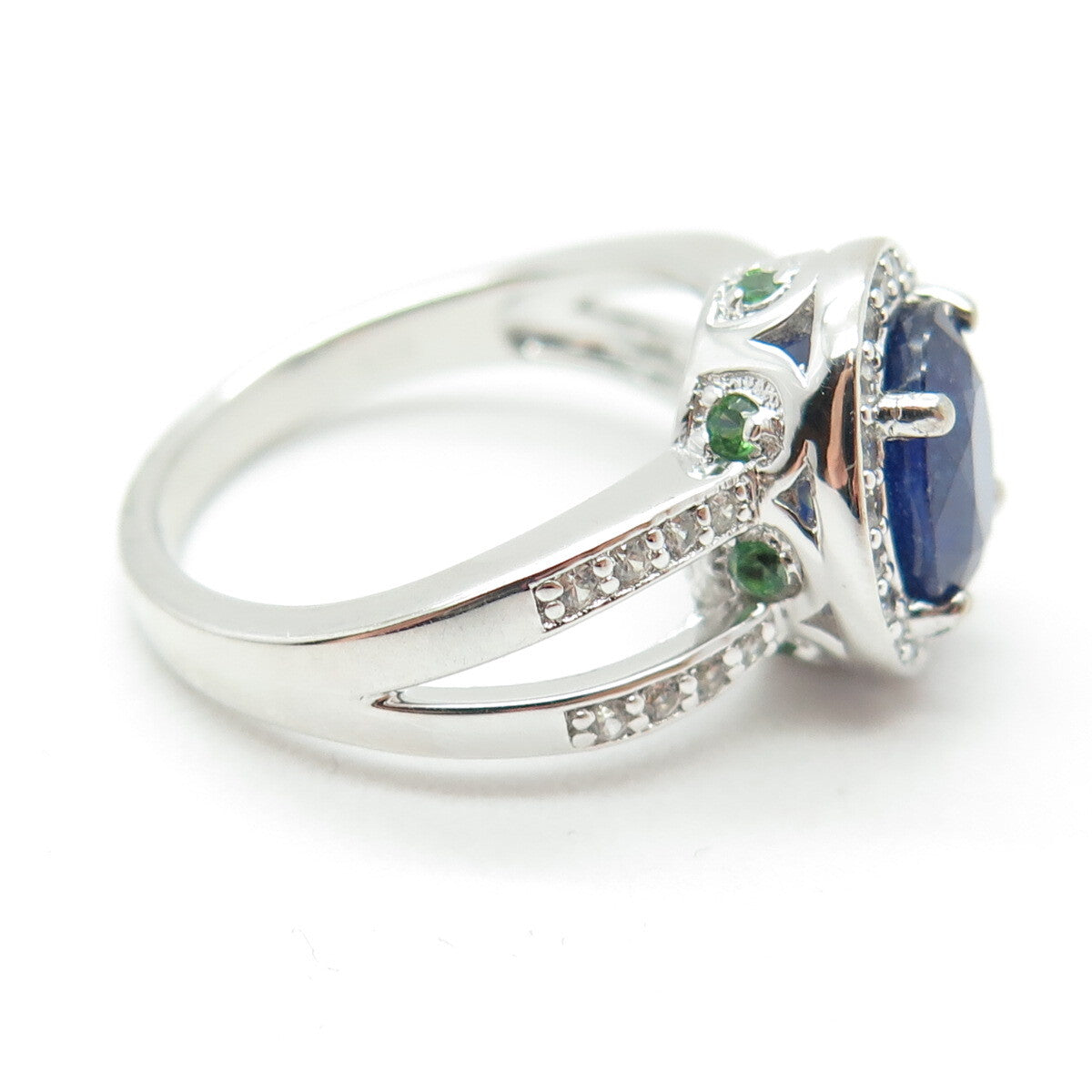 DSMK 925 Sterling Silver Sapphire White Topaz & Chrome Diopside Gem Ring Size 7
