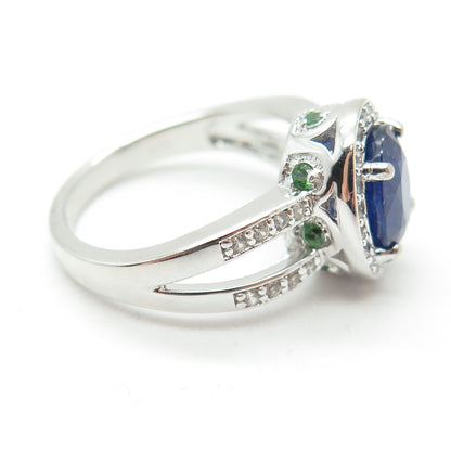 DSMK 925 Sterling Silver Sapphire White Topaz & Chrome Diopside Gem Ring Size 7