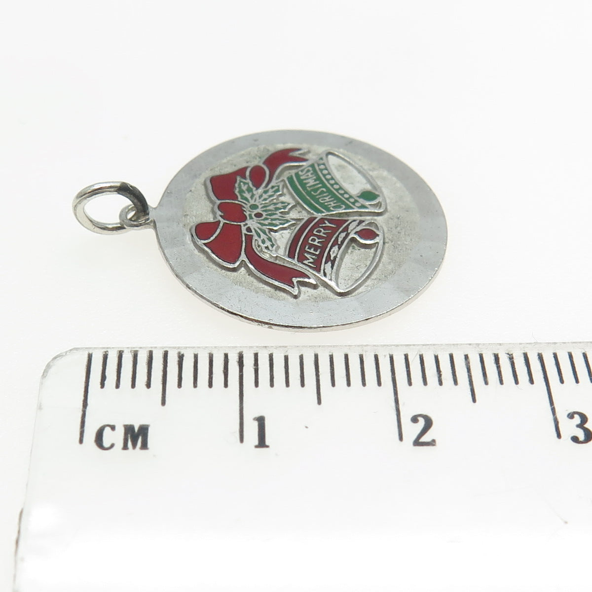 925 Sterling Silver Antique Art Deco Enamel "Merry Christmas" Bells Pendant