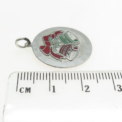 925 Sterling Silver Antique Art Deco Enamel "Merry Christmas" Bells Pendant