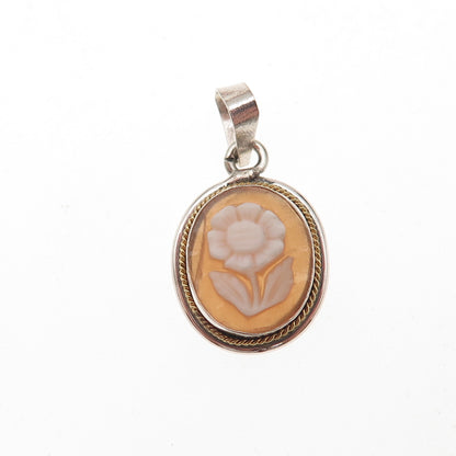 925 Sterling Silver 2-Tone Vintage Real MOP Floral Cameo Charm Pendant