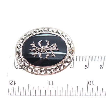 835 Silver Antique Art Deco Real Black Onyx & Marcasite Bow Pin Brooch