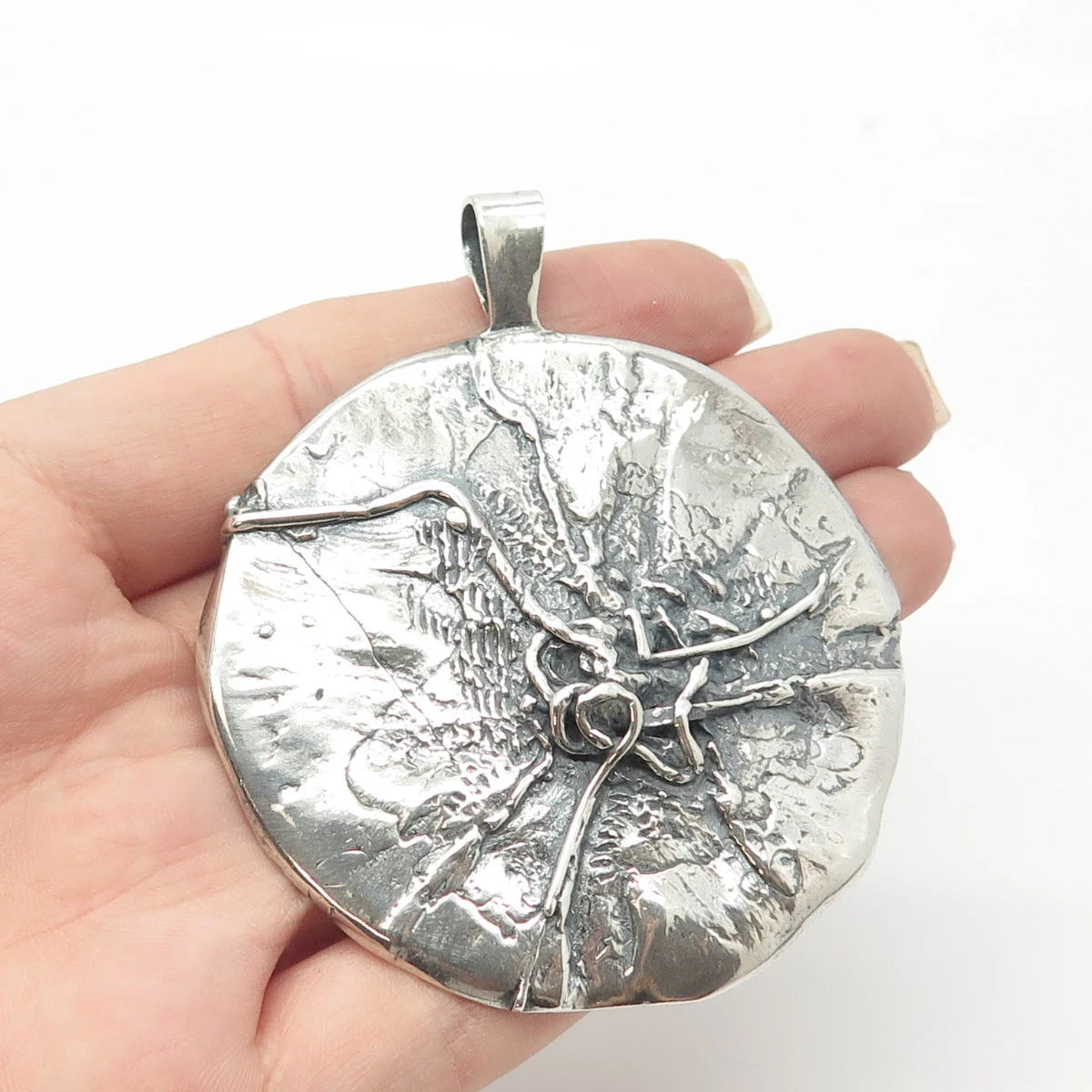 925 Sterling Silver Vintage Brutalist Modernist Large Round Pendant