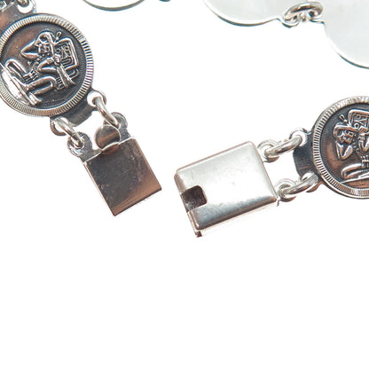 925 Sterling Silver Vintage Mexico Aztec God Oxidized Coin Link Bracelet 7"
