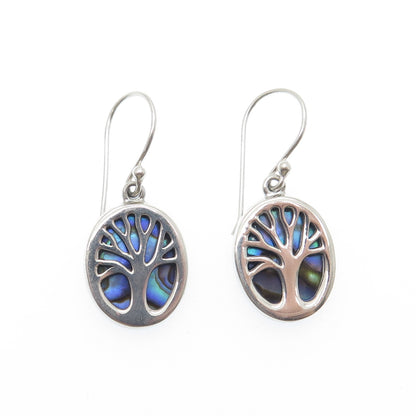 925 Sterling Silver Vintage Real Abalone Shell Tree of Life Dangle Earrings