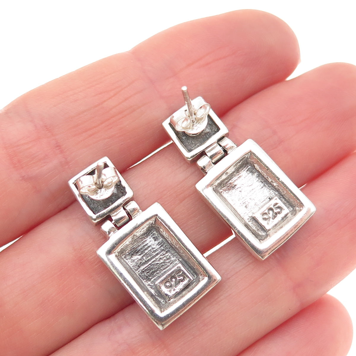 925 Sterling Silver Vintage Real Black Onyx Geometric Oxidized Earrings