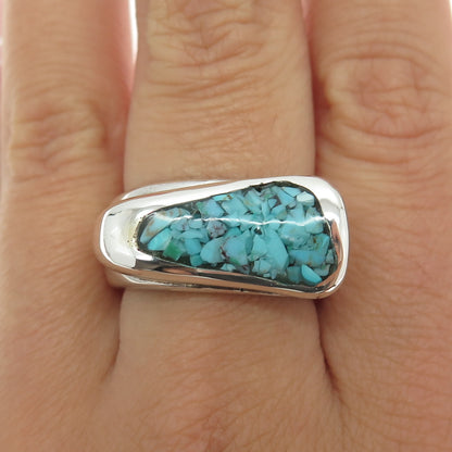 B/C NED BOWMAN Sterling Silver Vintage Turquoise Inlay Modernist Ring Size 8.5