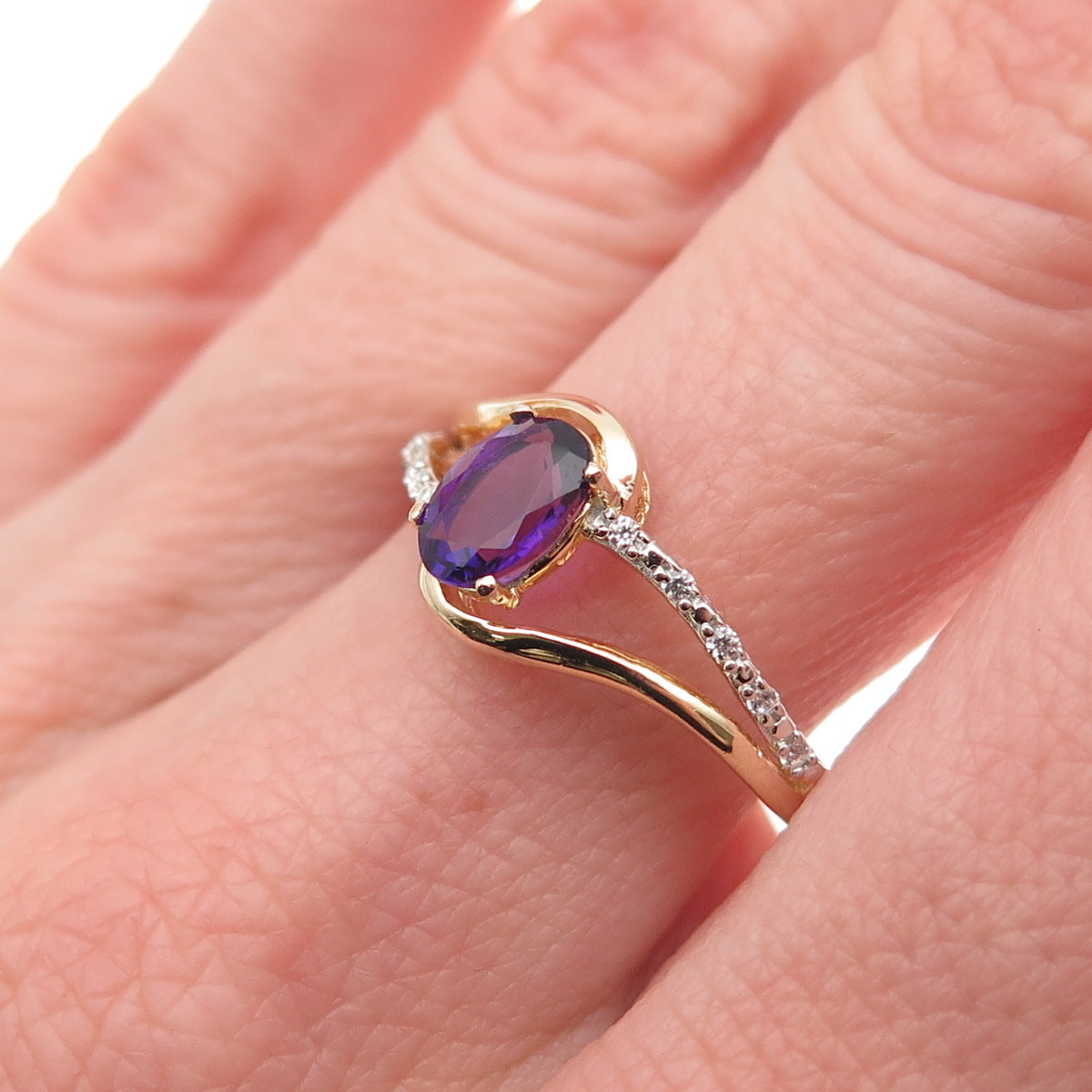 JH Young 925 Sterling Silver Gold Plated Real Amethyst & C Z Ring Size 8.75