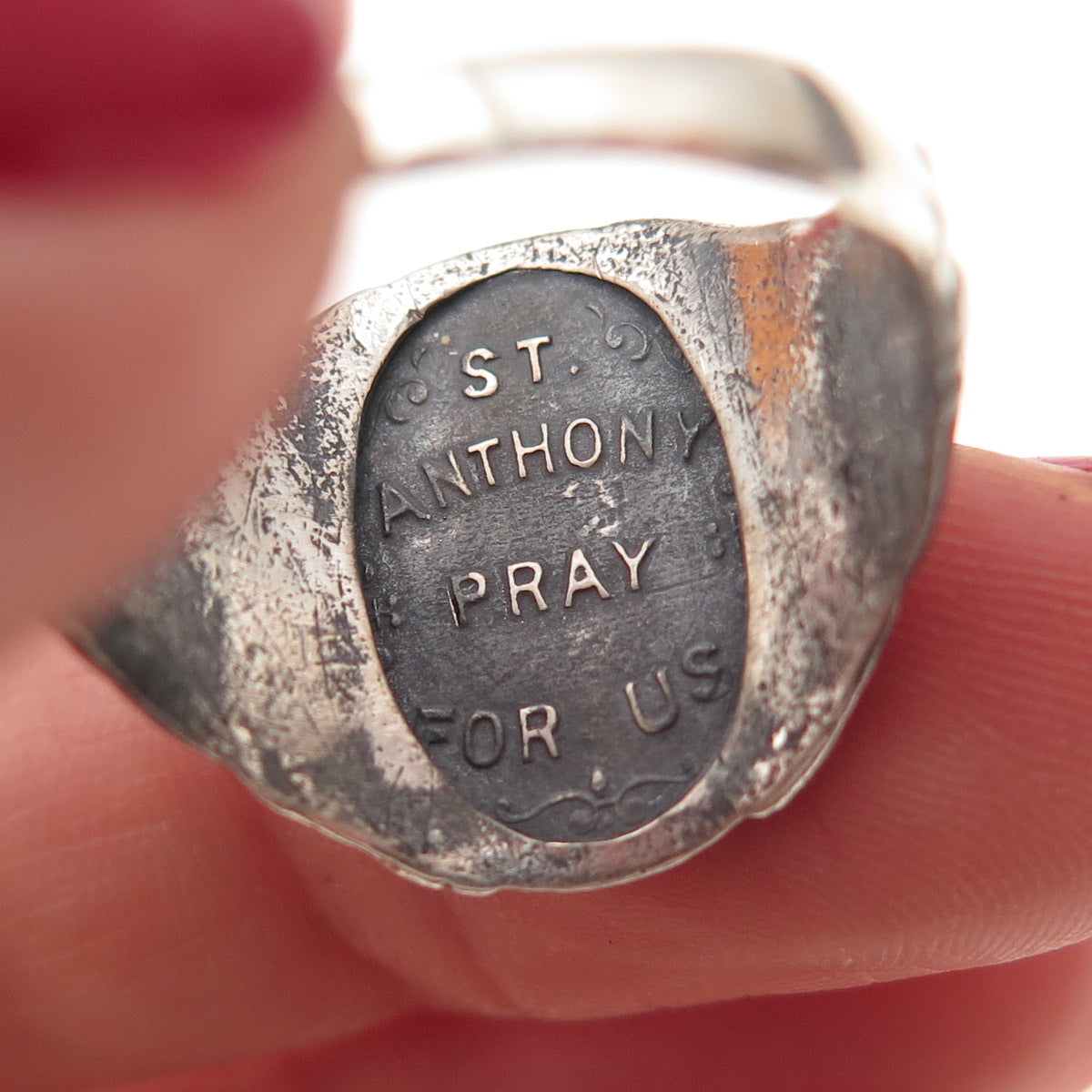 925 Sterling Silver Antique Art Deco St. Anthony Oxidized Ring Size 8.75