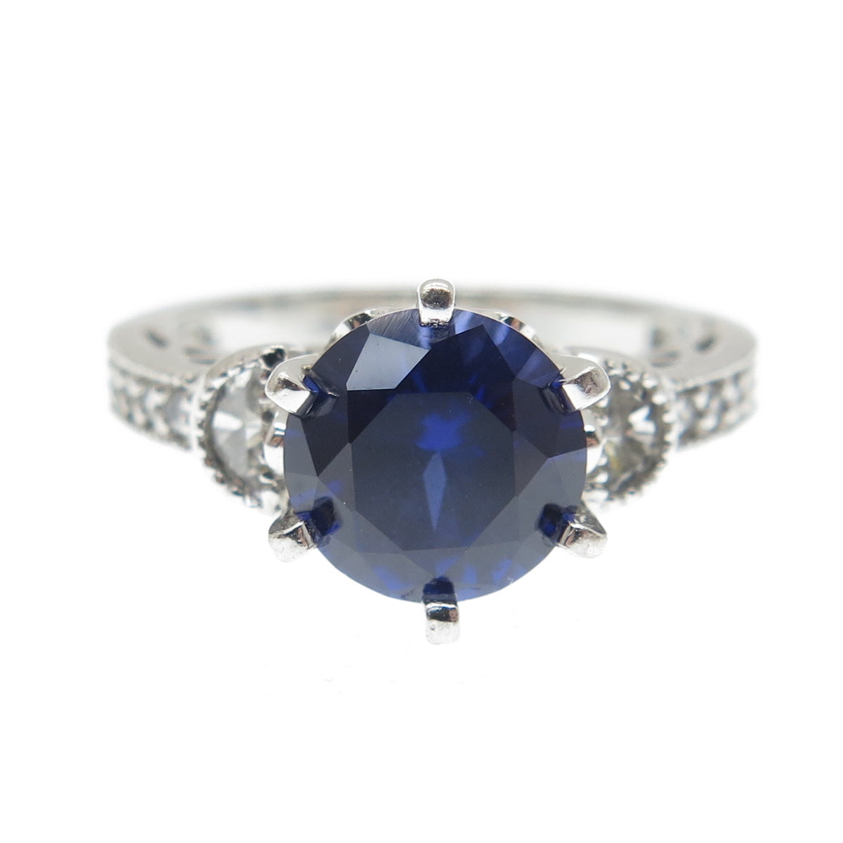 925 Sterling Silver Round-Cut Lab-Created Sapphire & C Z Ring Size 5.25