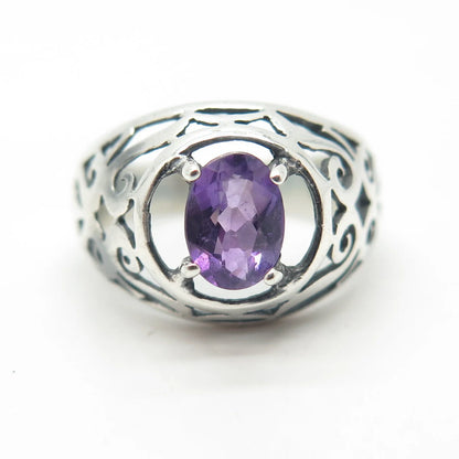 925 Sterling Silver Vintage Real Amethyst Gem Scroll Ring Size 6