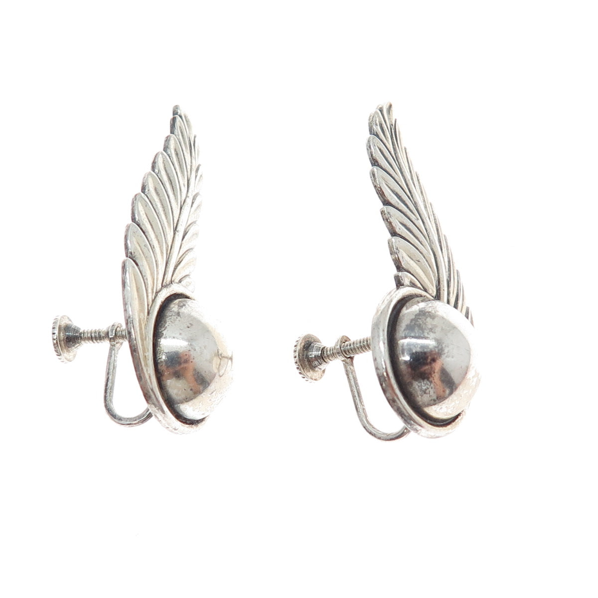 925 Sterling Silver Antique Art Deco Feather Oxidized Screw Back Earrings