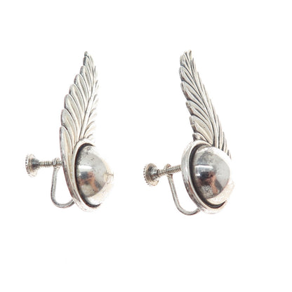 925 Sterling Silver Antique Art Deco Feather Oxidized Screw Back Earrings