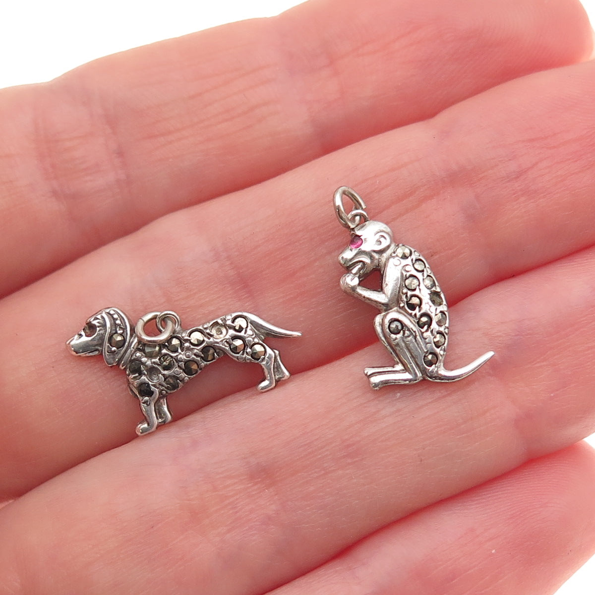 Sterling Antique Ruby Marcasite Dog Monkey SET of 2 Pendants (missing 4 stones)