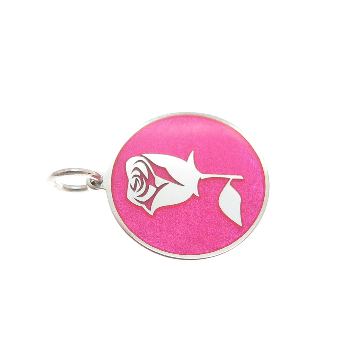925 Sterling Silver Pink Enamel Rose Flower Round Tag Minimalist Charm Pendant