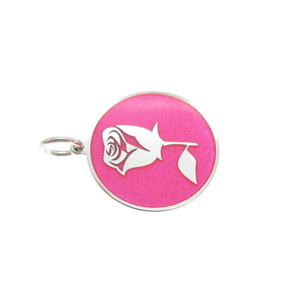 925 Sterling Silver Pink Enamel Rose Flower Round Tag Minimalist Charm Pendant
