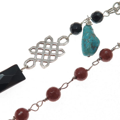 925 Sterling Silver Vintage Black & White Onyx Carnelian Turquoise Necklace 16"
