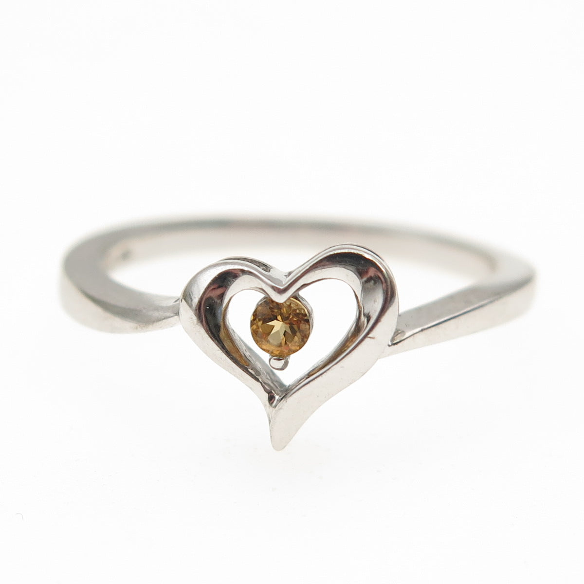 925 Sterling Silver Real Round-Cut Citrine Heart Ring Size 6.25