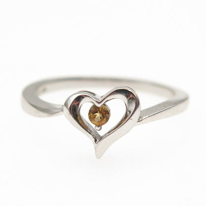 925 Sterling Silver Real Round-Cut Citrine Heart Ring Size 6.25