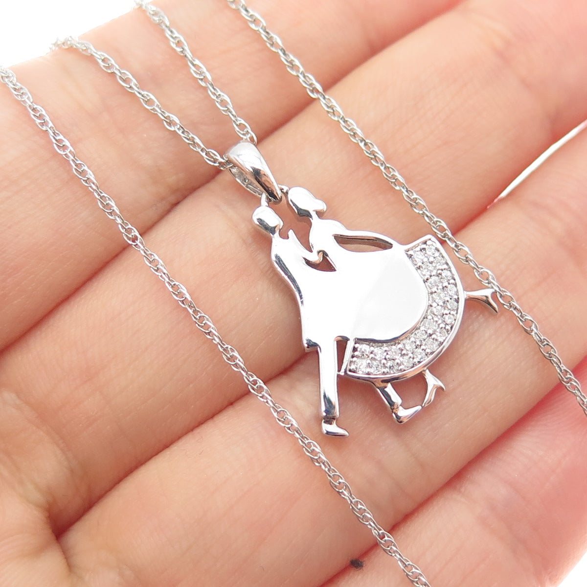 925 Sterling Silver Round-Cut C Z Dancing Couple Singapore Chain Necklace 18"