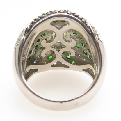 DSMK 925 Sterling Silver Real Prehnite Peridot & White Topaz Dome Ring Size 7.25