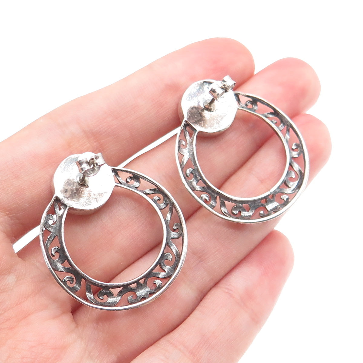 925 Sterling Silver Vintage Real MOP Door Knocker Ornate Oxidized Earrings