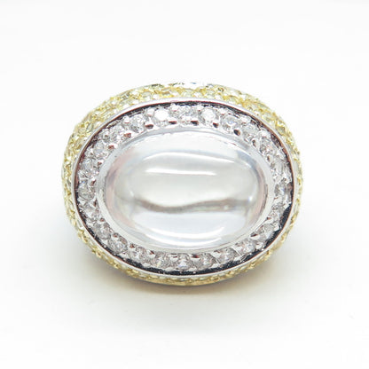 925 Sterling Silver Clear Quartz Canary & White C Z Dome Ring Size 6