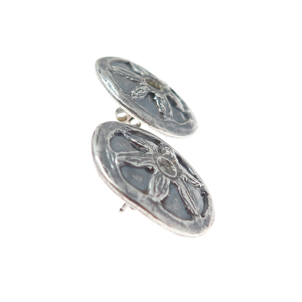 925 Sterling Silver Vintage Modernist Flower Disc Oxidized Earrings