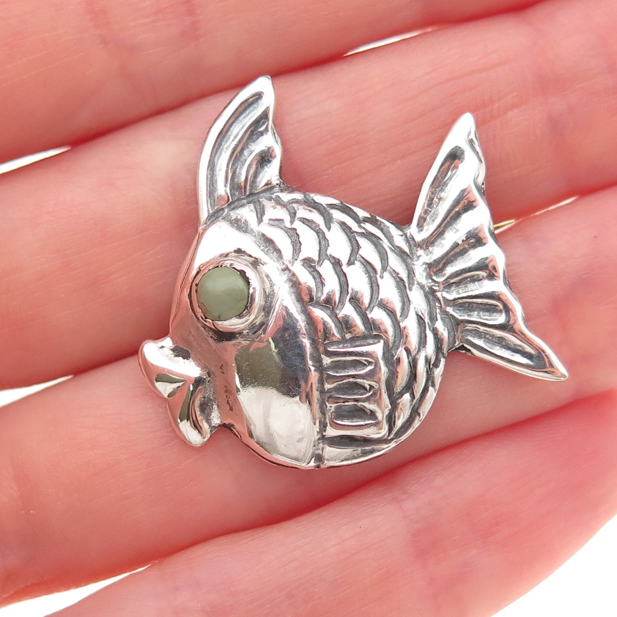 925 Sterling Silver Vintage Mexico Real Turquoise Fish Oxidized Pin Brooch