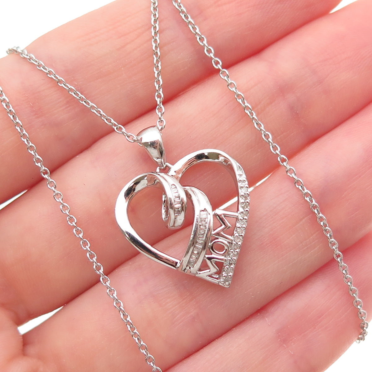 Sun 925 Sterling Silver Real Diamond Mom Heart Cable Chain Necklace 18"