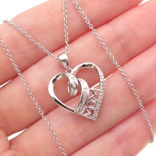 Sun 925 Sterling Silver Real Diamond Mom Heart Cable Chain Necklace 18"