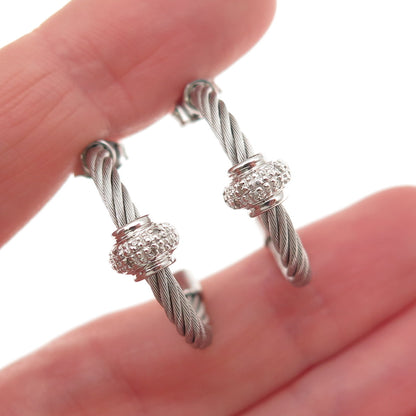 925 Sterling Silver & Steel Real Round-Cut Diamond Hoop Earrings