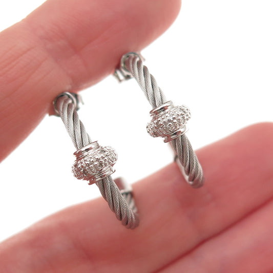 925 Sterling Silver & Steel Real Round-Cut Diamond Hoop Earrings