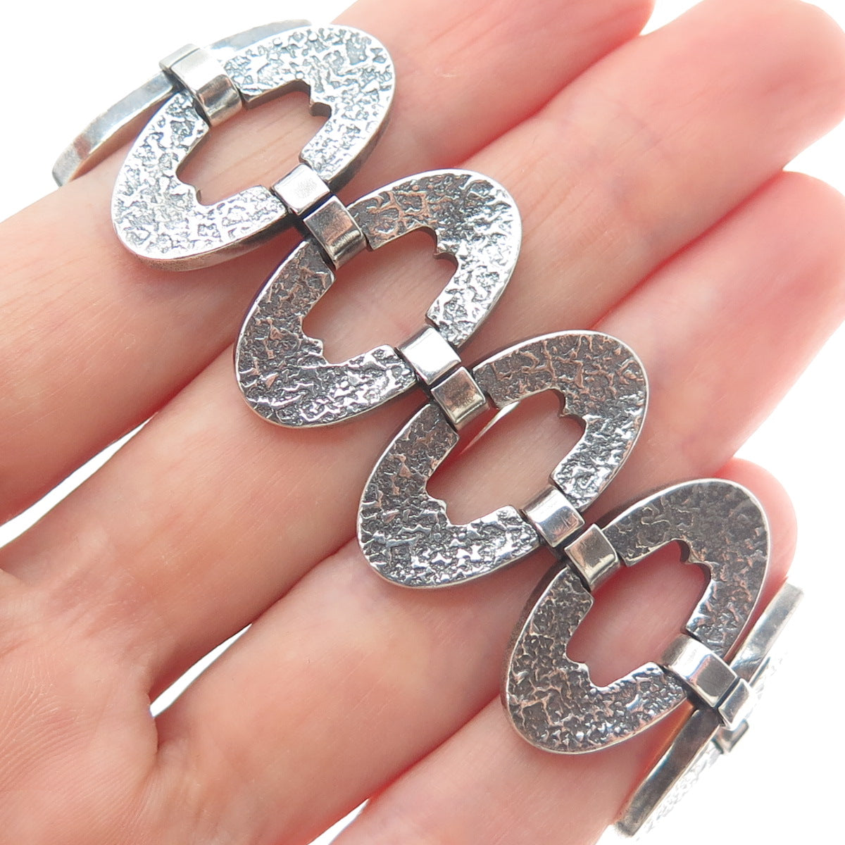 925 Sterling Silver Vintage Modernist Oxidized Oval Panel Link Bracelet 6.75"
