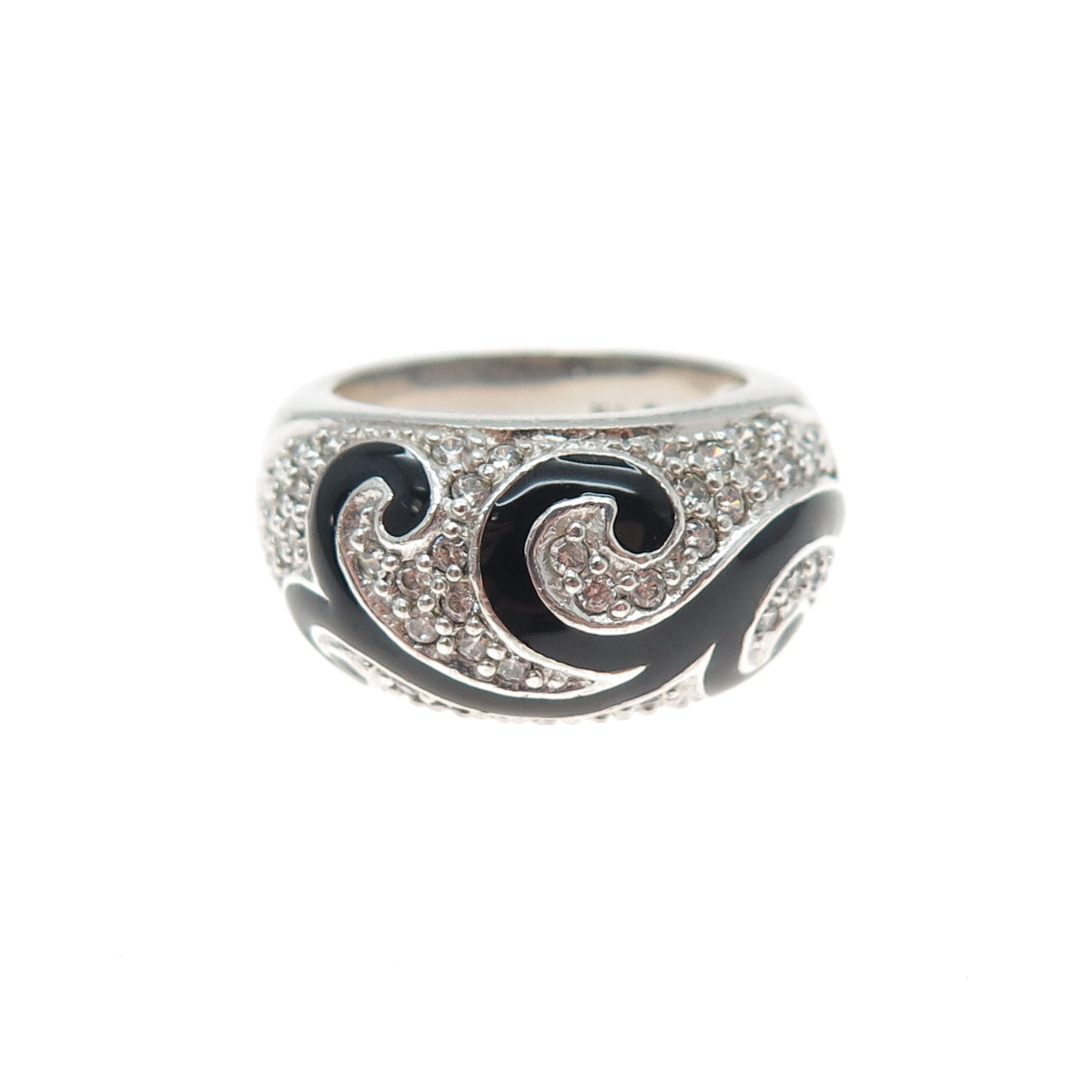 KEN CRAFTS 925 Sterling Silver Enamel & C Z Floral Swirl Ring Size 7