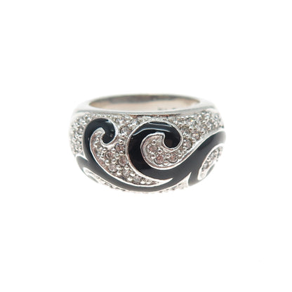 KEN CRAFTS 925 Sterling Silver Enamel & C Z Floral Swirl Ring Size 7