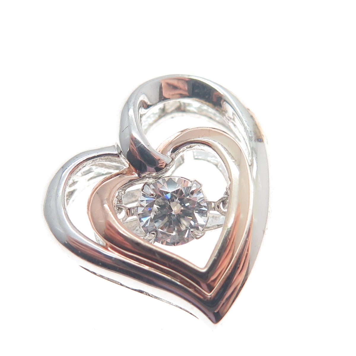 SAI 925 Sterling Silver 2-Tone Round-Cut Shaped C Z Double Heart Slide Pendant