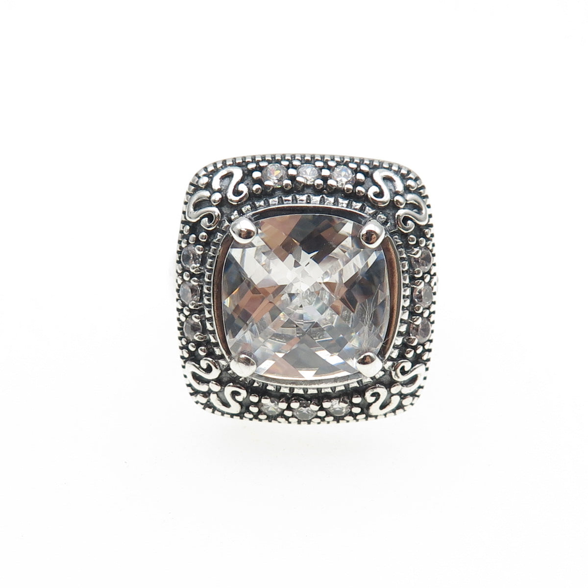 925 Sterling Vintage Cushion & Round-Cut C Z Swirl Oxidized Ring Size 8.25