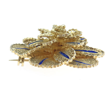 925 Sterling Silver Gold Plated Vintage Enamel Filigree Floral Pin Brooch