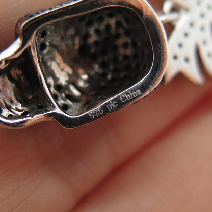 925 Sterling Silver Real Black Spinel Skull & Bow Dangle Earrings